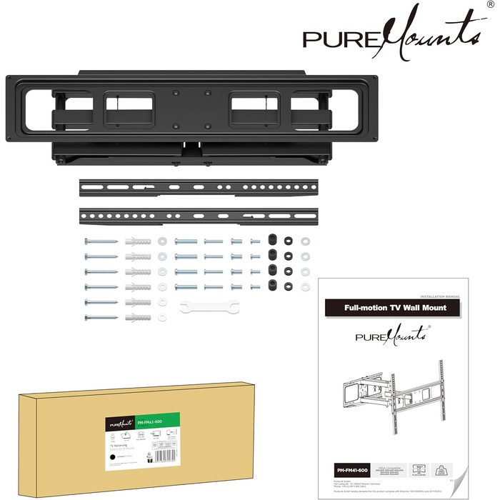 Кріплення для телевізора PureMounts, настінне, універсальне, нахильне та поворотне, VESA 200x200 мм, для телевізорів та моніторів (32-70 дюймів), чорний