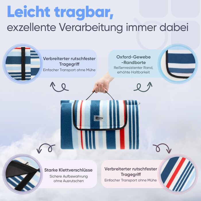 Килимок для пікніка Sekey 200x200 см, вологостійкий, пісконепроникний, для пляжу та кемпінгу, блакитно-білий у смужку