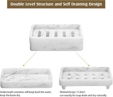 Підставка для мила Shinowa з подвійним шаром та знімним контейнером для води, білий мармур, для ванної кімнати, кухні, душу
