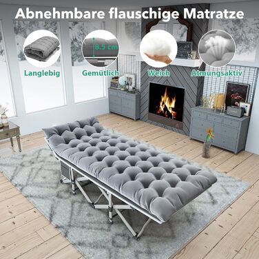 Розкладне ліжко Feldbett з матрацом, до 208 кг, сіре, XL 190x71x35 см - для кемпінгу, саду, пляжу, гостей