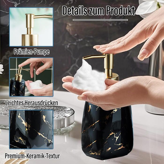 Набір аксесуарів для ванної кімнати XUDREZ з малюнком мармуру, кераміка, набір з 3 предметів: дозатор для лосьйону, стаканчик для зубних щіток, мильниця, чорний глянцевий, преміум якість