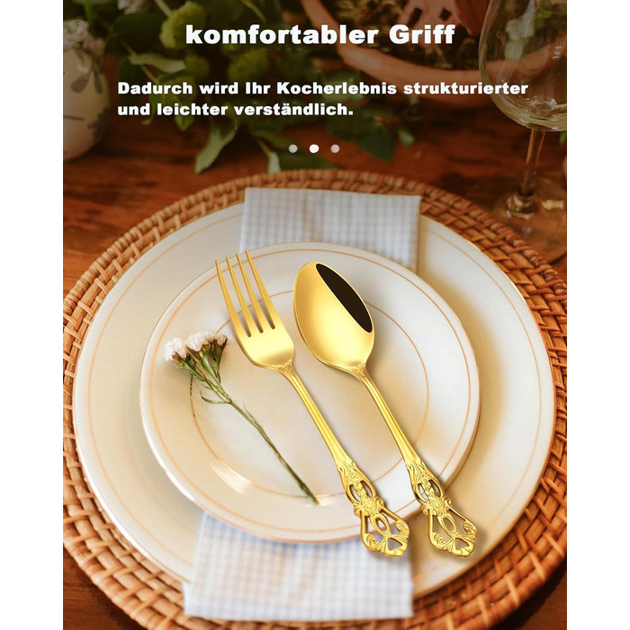 Набір столових приборів Retro Gold на 6 осіб, 24 предмети, нержавіюча сталь, античний бароковий дизайн, золотий колір