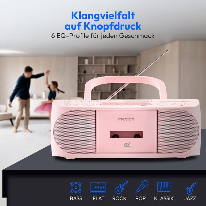 MEDION DRX-1 Plus Boombox: Портативна радіосистема з DAB+, Bluetooth, CD-плеєром, MP3, касетним провідником, AUX, акумулятором та мережевим живленням, зелений/рожевий колір