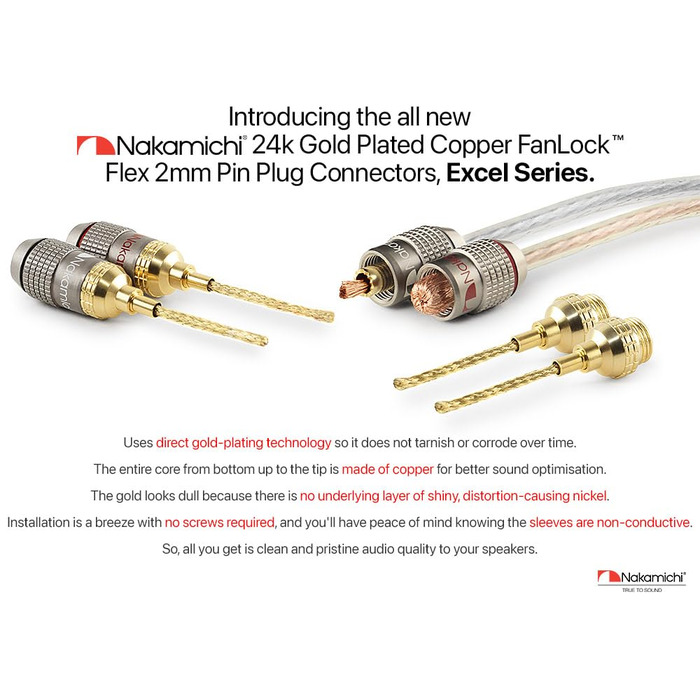 Nakamichi FanLock Excel Serie 24K позолочені бананові штекери 2 мм, 10-18 AWG, 4 мм, для акустичних систем, Hi-Fi аудіокабелів (16 шт - 8 пар)