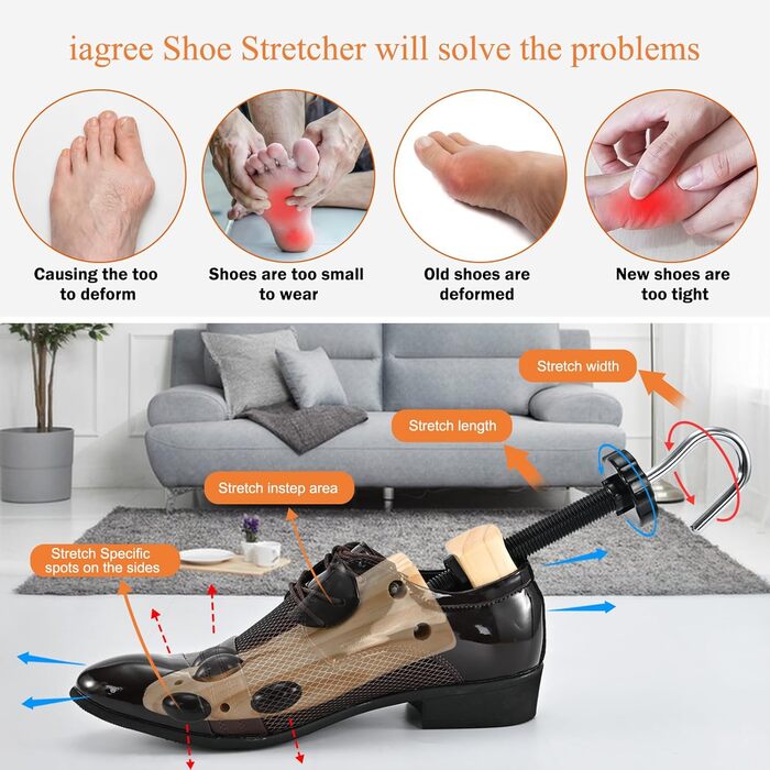 JJDPARTS Shoehorn Wood, Men's and Women's Shoehorn, 4-Way Shoe Stretcher, Shoe Widener for Adjustable Length and Width with Shoe Spoon