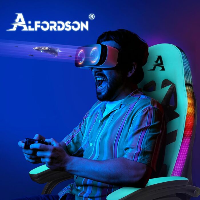 Ігровий крісло ALFORDSON з 8-точковим масажем, RGB LED-підсвічуванням (12 кольорів), ергономічний офісний крісло з підніжкою, підголівником та поперековою подушкою для дітей та дорослих, з PU-шкіри (Цянь)