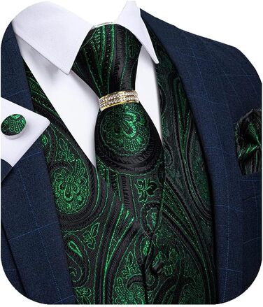 Костюмний жилет DiBanGu 5 шт. (жилет, краватка, нагрудна хустинка, запонки, кільце для краватки) XL, зелений/чорний