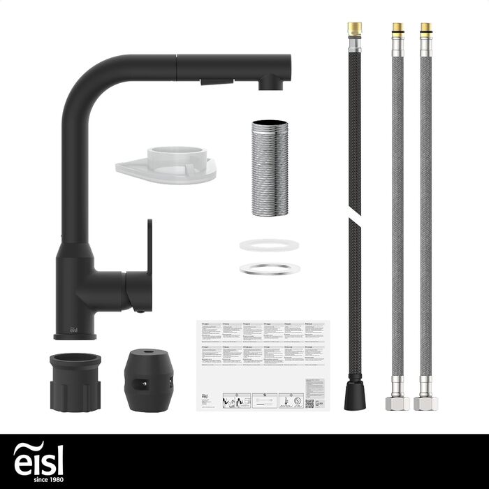 Кран кухонний гнучкий EISL Flexo з нержавіючої сталі/чорний, 360° обертання, високий вилив, шланг Soft-Touch, 2 функції, NI186FLNIB