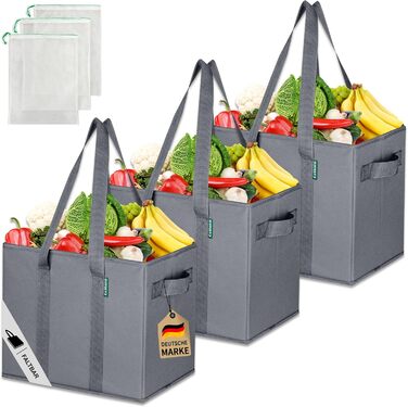 Large Folding Shopping Bags 3-Pack & Fruit Net - Sturdy Large Folding Shopping Basket with Reinforced Bottom - Ideal Shopping Bag for Shopping Carts & Trunk - 80 L (Gray)