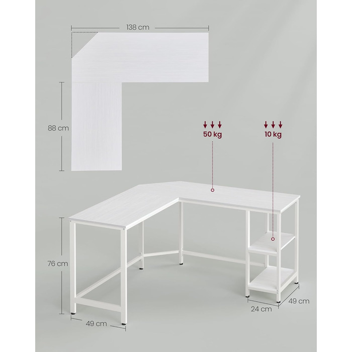 VASAGLE Desk, L-Shaped Computer Desk, 138 x 138 x 76 cm, Corner Desk with 2 Shelves, Space-Saving Office Desk, Gaming, Home Office, Easy Assembly, Maple White LWD072W44