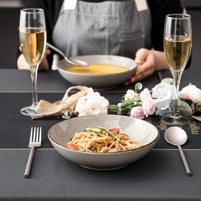 Набір посуду Vancasso NAVIA, 16 предметів, кераміка, для 4 осіб, розпис, тарілки, миски, чашки, помаранчевий (8 предметів, сірий)