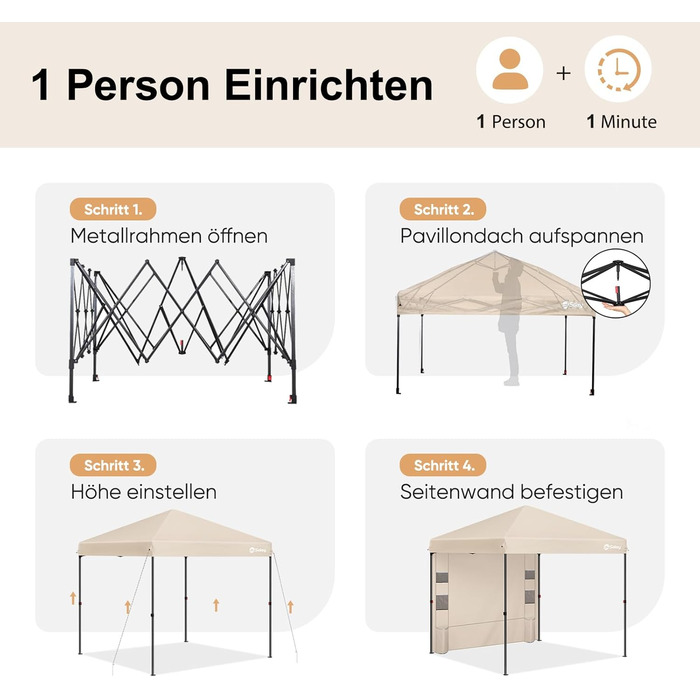 Sekey One-Touch Pop-Up Pavilion 3x3 Waterproof Stable Winter-Proof, Folding Pavilion 3x3m with Thickened Tubes, Party Tent Pavilion Foldable for Camping Festival Party, (Khaki, with Back Wall)