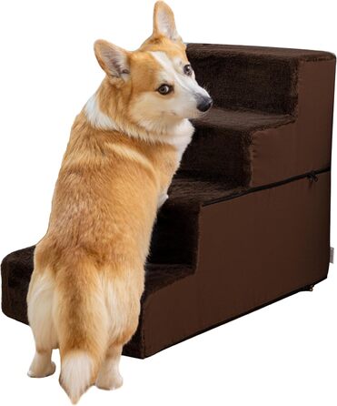 Сходинки для собак на ліжко та диван - 4 сходинки, 58 см - з піносподуху, для маленьких собак, безпечні та стабільні, знімний та пральний чохол, світло-сірий (4-Brown)
