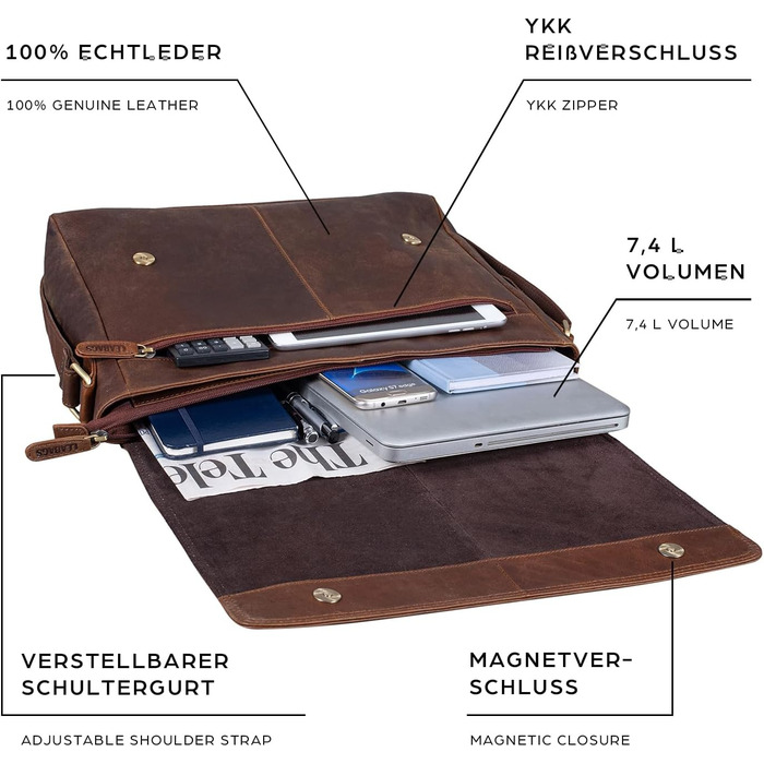 LEABAGS Лaptовна сумка Оксфорд шкіряна чоловіча/жіноча 15 дюймів – Messenger Bag з натуральної шкіри – робоча сумка, сумка через плече 38x31x10 см