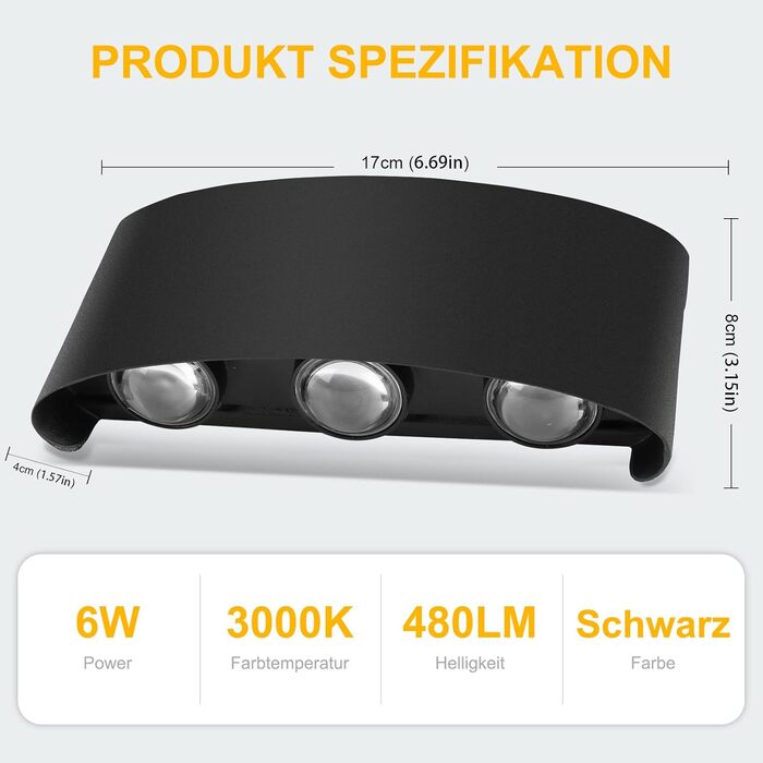 LED-стінні світильники Oraymin 2 шт., IP65, 6W, 6 джерел світла, 3000K, для дому та вулиці, з алюмінію, тепле біле світло, чорний колір