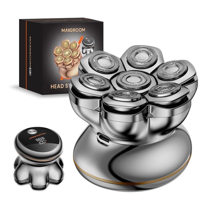 Машинка для гоління голови 7D PRO MAXGROOM IPX6, срібляста, акумуляторна (1400mAh), 8800 об/хв, для чоловіків