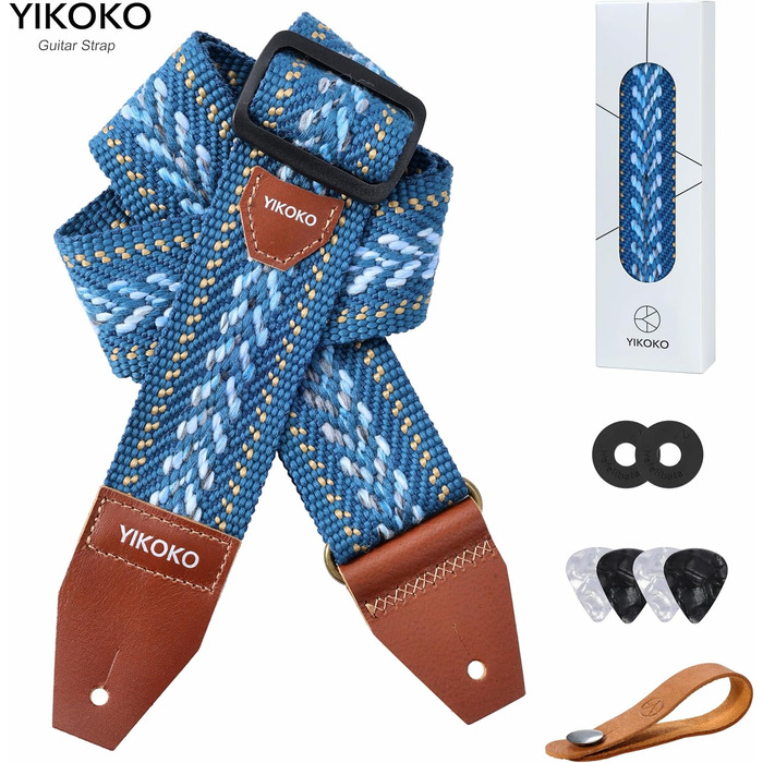 Гітарний ремінь 5,1 см з бавовни з шкіряними кінцями для бас-гітари, електрогітари та акустичної гітари, синій