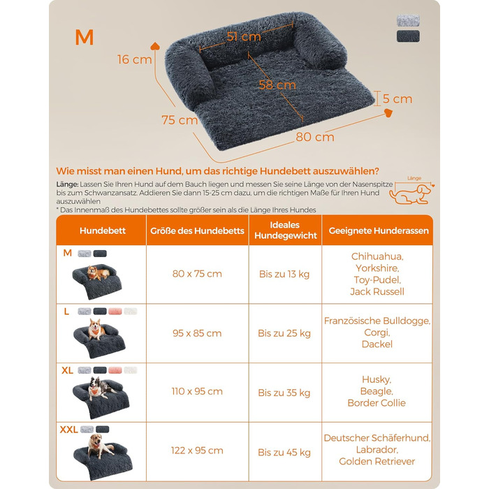 Feandrea FluffyHug Dog Bed, Plush, Dog Blanket Sofa, Sofa Protector Dog, Dog Cushion, Size M, for small and medium-sized dogs, 80 x 75 x 16 cm, dark grey PGW221G02