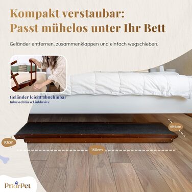 Східці для собак до ліжка з огорожею - для великих собак до 90 кг - регульована висота до 94.5 см - ширина 49.5 см - складаються - антиковзні ручки - з берези - колір натуральний (волоський горіх)