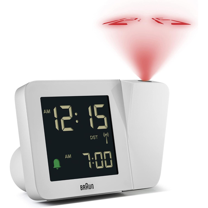 Braun Digital Radio Projection Clock for Central European Time Zone (DCF) with Negative LCD Display, Quick Set and White Alarm Beep, BC15W-DCF.