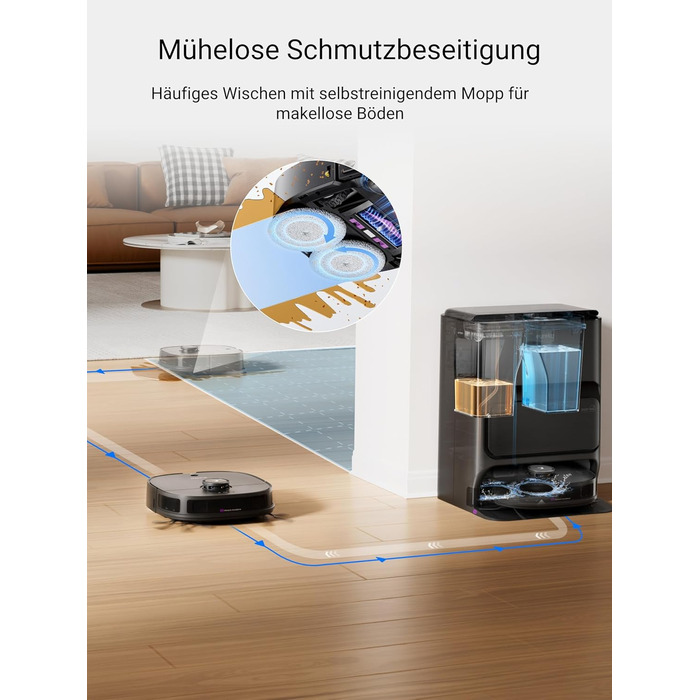 Робот-пилосос Eureka J12 Ultra з функцією миття підлоги (автоматичне очищення, прання та сушка), потужність всмоктування 5000Pa, обертова функція миття, Dual-LiDAR навігація, 3D уникнення перешкод, чорний