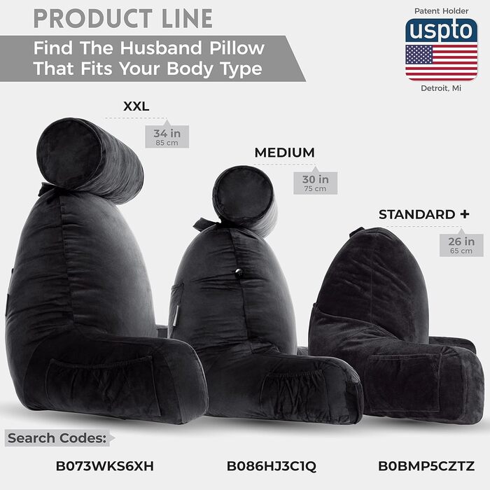 Подушка для чоловіків з підлокітниками - чорна, преміум-якість, з піною з пам'яті, знімний валик для шиї | Black