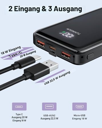 Power Bank 20000 mAh 22.5W PD3.0 QC4.0 з LCD дисплеєм, чорний - портативний акумулятор для смартфонів та смарт-годинників