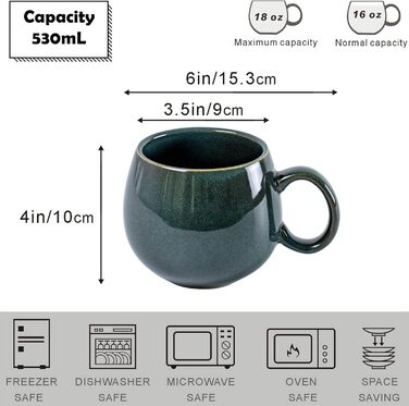 UNICASA Porcelain Coffee Mugs, Set of 4 Cups with Handles, Each 530 ml, Dishware Cup Mug for Tea, Coffee, Milk, Cappuccino, Green
