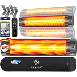 Інфрачервовий обігрівач KESSER® 2500W з пультом керування, 3 режими, миттєвий нагрів, кріплення на стіну, для тераси, кварцовий, з захисним чохлом, таймер, антрацит