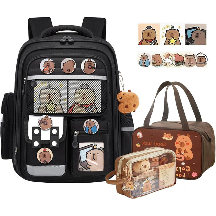 Рюкзак Капібара Великий, Набір рюкзаків Капібара для дітей з пеналом та ланч-боксом, шкільний рюкзак для підлітків, чорний