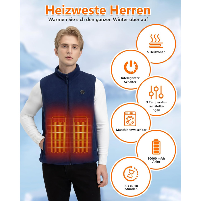 Обогрівальна жилетка з флісу для чоловіків з акумулятором 5V 10000mAh - жилетка для чоловіків з 3 рівнями нагріву, 5 зонами обігріву, ідеальна для роботи на відкритому повітрі, катання на лижах, піших прогулянок та щоденних поїздок (M, Морська синя)