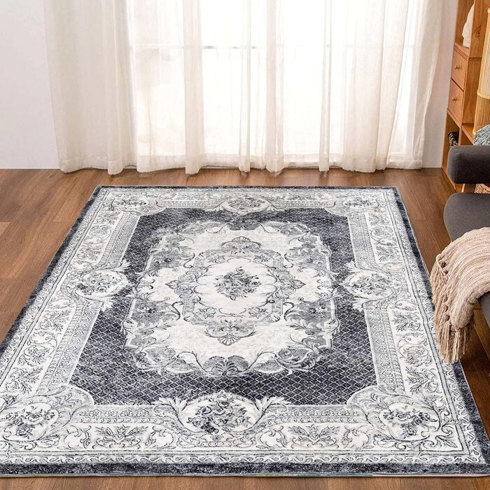 Килим для вітальні сучасний, короткий ворс, неслизький, пральний, м'який, для вітальні, спальні та їдальні, сірий та білий, 120 x 160 см сіро-білий, прямокутний