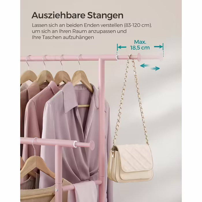 SONGMICS Clothes Rack with 2 Clothes Rods, Extendable Wardrobe Rail, with Wheels, Coat Rack, Height Adjustable between 113 and 180 cm, Lower Rod Adjustable, LLR401R01 (Pastel Pink, 120D x 50W x 156H cm)