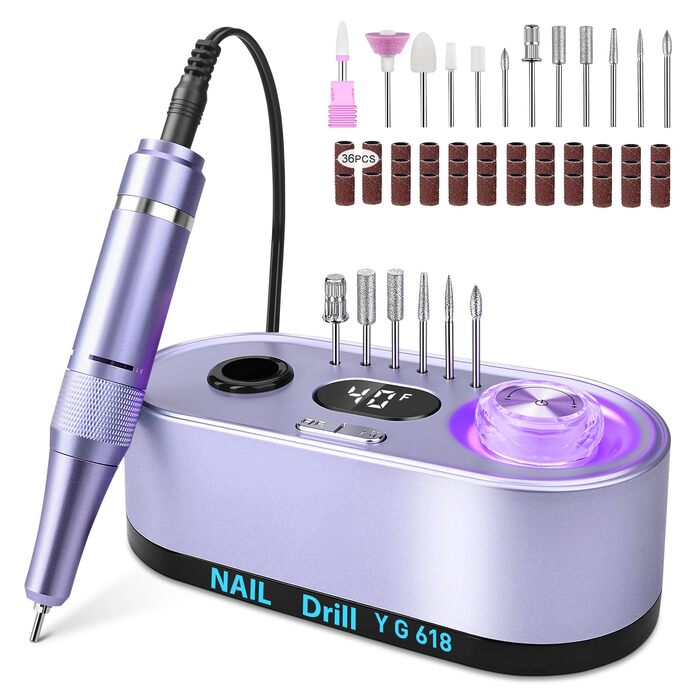 Електрична нігтьова фрезерна машинка для манікюру та педикюру, 40000 об/хв, LCD дисплей, професійний набір, фіолетовий