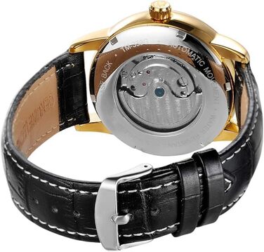 Чоловічий годинник на автоматичному механізмі з сапфіровим склом, корпус з нержавіючої сталі, шкіряний ремінець, годинник-скелетон, календар, золотий/чорний колір