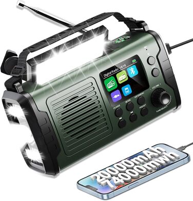 Радіо Kurbelradio на 20000mAh з Bluetooth, DAB/FM, сонячною панеллю, TF-карткою, AUX IN, TFT екраном, LED ліхтариком та SOS кнопкою (ArmyGreen)