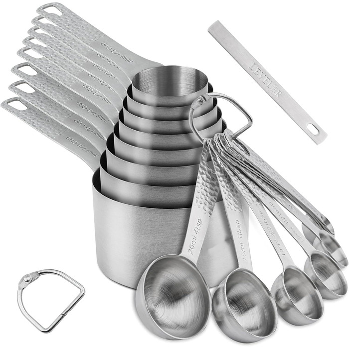 Smithcraft Measuring Cup and Spoon Set, 18-Piece, 18/8 Stainless Steel, Measuring Cups and Spoons, Set for Dry and Liquid, Metric and US Measurements, 8 Measuring Cups and 9 Spoons and Leveler for Baking