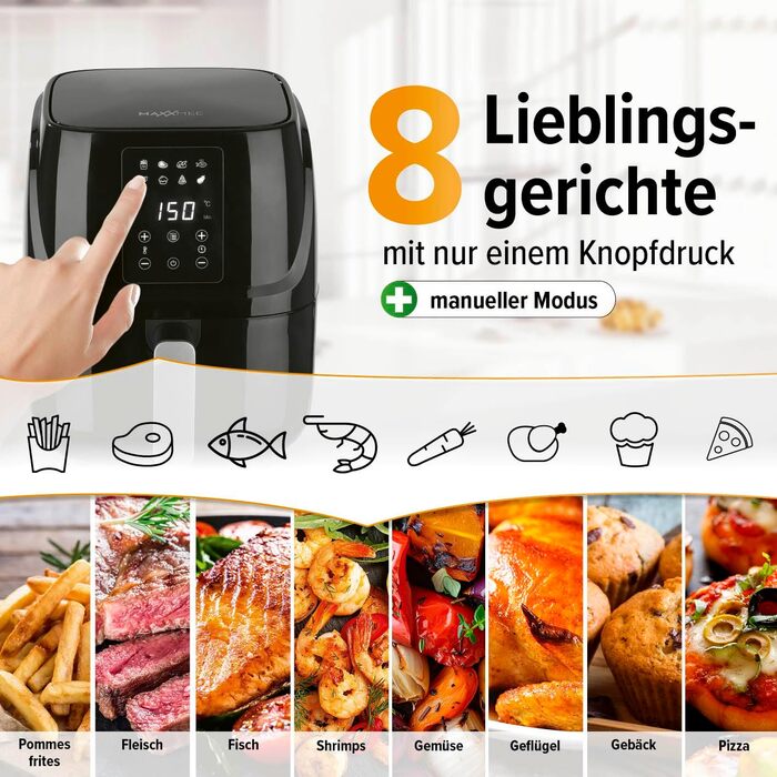 MAXXMEE Цифрова аерофритюрниця 3 л, 1300 Вт, 8 програм, гриль, конвекційна піч, таймер, багатофункціональна (фритюрниця, гриль, випічка, розморожування, підігрів, збереження тепла)
