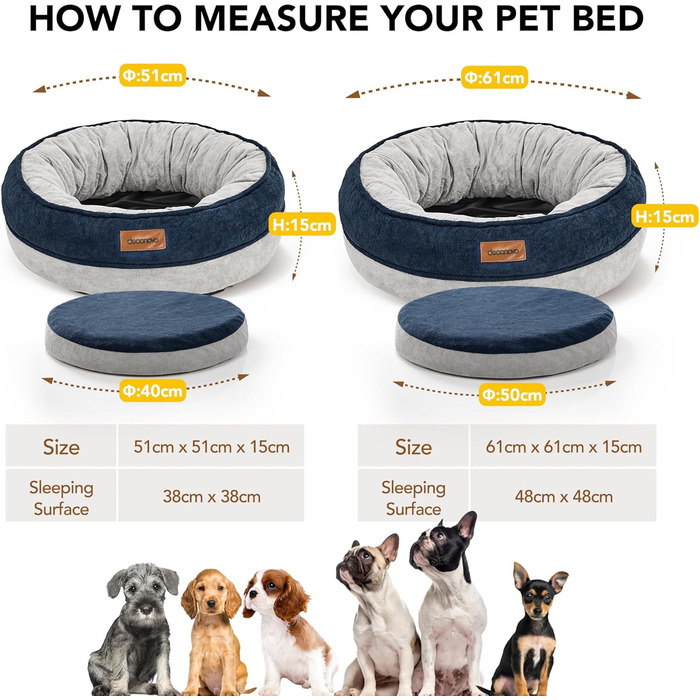 М'яке кругле ліжко для собак та котів Deconovo, Donut, Ø 61 см, ортопедичне, Navy Blue