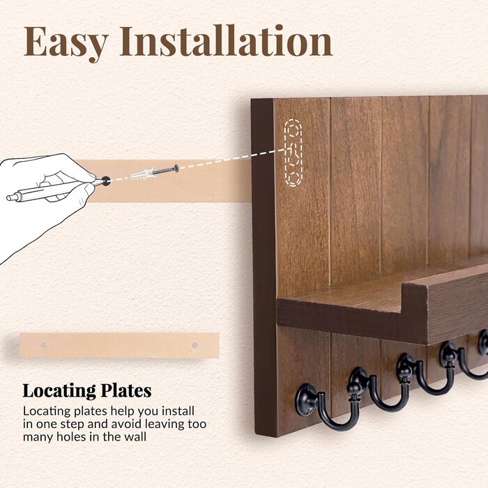 Дерев'яне ключове дощечка з полицею, 5 гачків, для прихожої, спальні, вітальні (колір: коричневий)