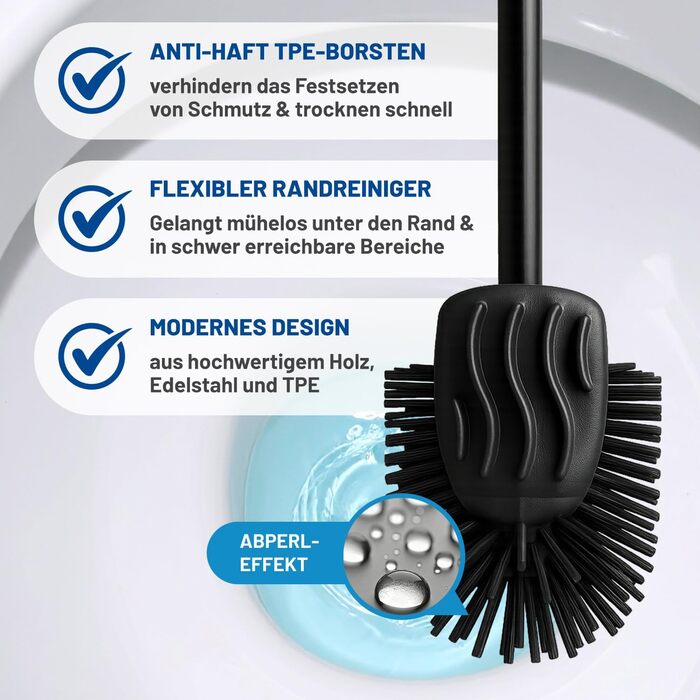 Набір для туалету Rival Life Style з круглою щіткою, ручка з нержавіючої сталі та кришка з масивної букової деревини – ергономічна щітка для туалету – для швидкого та ретельного очищення. (Чорний, щітка з нотками)