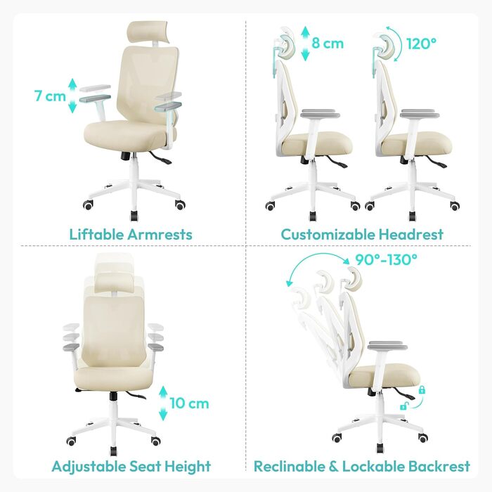 Офісне крісло Yaheetech з регульованою підголівником та підтримкою попереку, дихаюча сітчаста спинка, широке сидіння, S-подібна спинка, поворотне на 360°, бежеве
