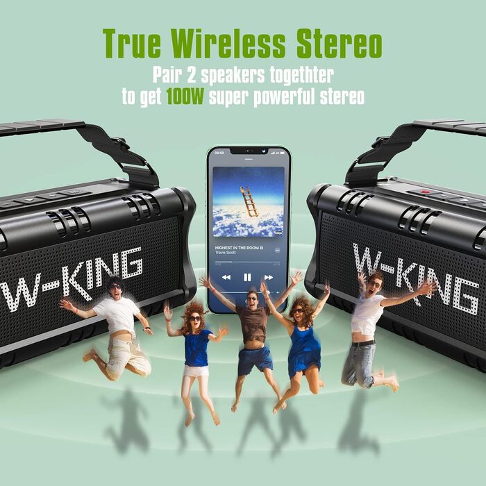 W-KING Портативна Bluetooth Колонка 90W з Глибоким Басом, DSP, 40 годин акумулятора та IPX6 Захистом від Води. Підтримка Powerbank, EQ, AUX та TF-карта. Чорний Колір. Ідеально для кемпінгу, пляжу та саду.
