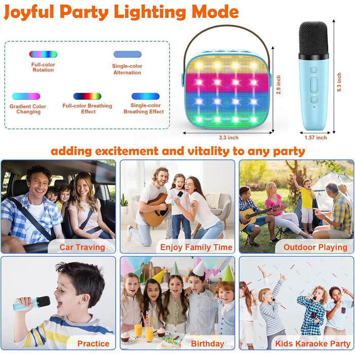 Дитяча караоке-машина з 2 мікрофонами, Bluetooth, світлові ефекти, для дітей 3-12 років