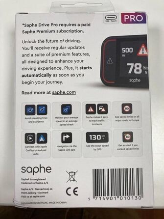 Радар-детектор Saphe Drive Pro для авто з кольоровим дисплеєм, сумісний з CarPlay та Android Auto, сповіщення про радари і небезпеки, дані Blitzer.de, підписка на 12 місяців