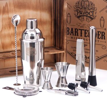 Набір для приготування коктейлів PAVOCI: 11 предметів, шейкер, барменський інструмент з нержавіючої сталі, дерев'яний підставник, аксесуари. Ідеально для дому, бару, професійного використання