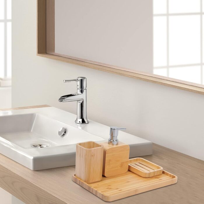 Набір аксесуарів для ванної кімнати Asashizen з бамбука (4 шт.), органайзер, мильниця, дозатор мила, стаканчики