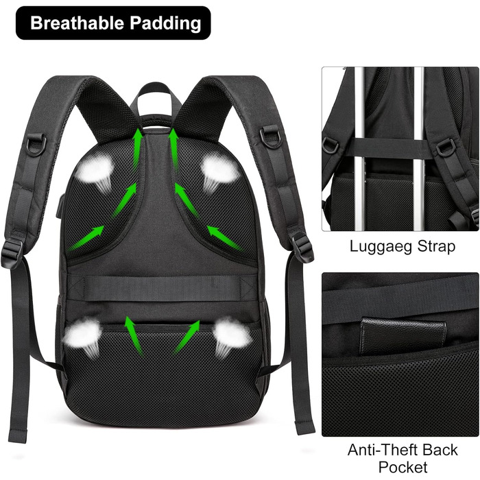 Рюкзак BIKROD для чоловіків та жінок, шкільний рюкзак для хлопчиків та дівчаток-підлітків, водонепроникний, з USB-портом для зарядки, антикрадійний, для роботи та подорожей, вміщує ноутбук 15.6 дюймів (Чорний)