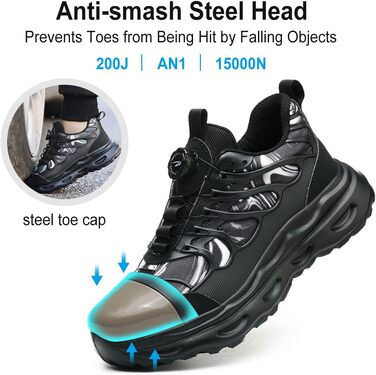 Черевики безпеки для чоловіків та жінок. Робочі черевики зі сталевим підноском. Легкі, спортивні, антипрокольні, чорного кольору (38-42 EU)