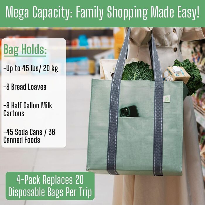 VENO 34 Liter Large Shopping Bag Foldable with Sturdy Bottom and Front Pocket, Reusable Shopping Bags Water-Repellent Tote Bag Shopping Basket for Shopping Picnic (Light Green, 4-Pack)